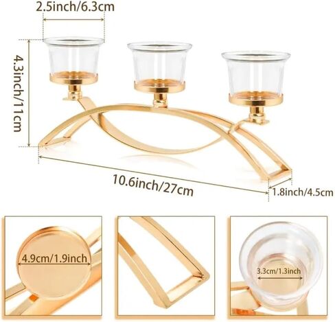 Gold Iron Arch Candle Holder Centerpiece with 3 Glass Votive Cups, 10.6 Inch Table Decoration for Weddings, Dining Room, Kitchen,Arch Table Centerpiece Decorations Long Candle Holder in Kuwait