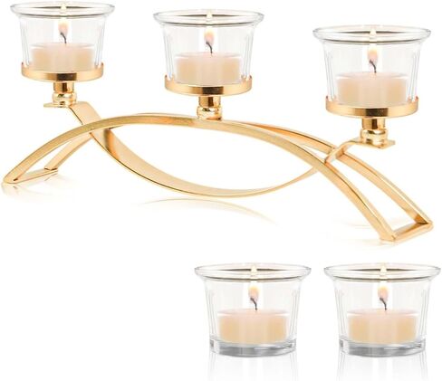 Gold Iron Arch Candle Holder Centerpiece with 3 Glass Votive Cups, 10.6 Inch Table Decoration for Weddings, Dining Room, Kitchen,Arch Table Centerpiece Decorations Long Candle Holder in Kuwait