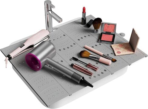 Bathroom Sink Cover for Counter Space, Foldable Silicone Makeup Mat for Hair Styling and Hot Tools, Steel Frame Core Sink Organizer for RV Camper and Small Vanity, DIY Cut to Fit, Grey in Kuwait