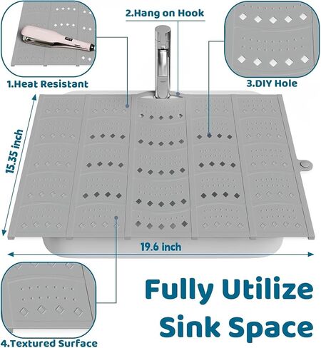 Bathroom Sink Cover for Counter Space, Foldable Silicone Makeup Mat for Hair Styling and Hot Tools, Steel Frame Core Sink Organizer for RV Camper and Small Vanity, DIY Cut to Fit, Grey in Kuwait