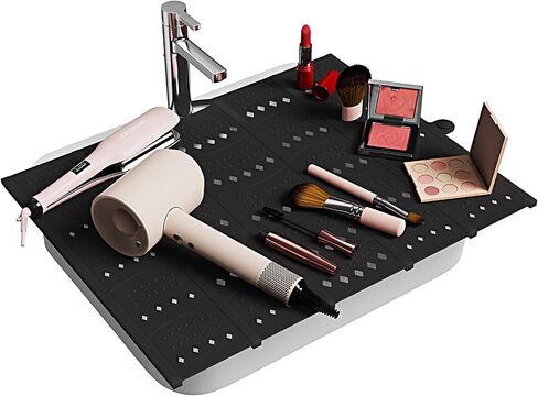 Bathroom Sink Cover for Counter Space, Foldable Silicone Makeup Mat for Hair Styling and Hot Tools, Steel Frame Core Sink Organizer for RV Camper and Small Vanity, DIY Cut to Fit, Grey in Kuwait