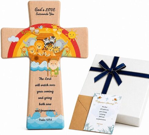 Onism Wooden Wall Cross for Baby Boy - 8" Beech Wood Noah's Ark Baptism Gift with Box & Fillable Prayer Card - Christian Christening Nursery Decor - Psalm 121:8 Scripture Cross in Saudi Arabia
