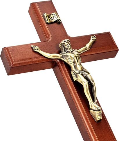 SISSIDA Crucifix Wall Cross, 12 Inch Catholic Crucifix for Wall Decor, Handmade Wooden Cross for Wall with Jesus Christ and INRI - Dark Brown & Antique Brass in Saudi Arabia