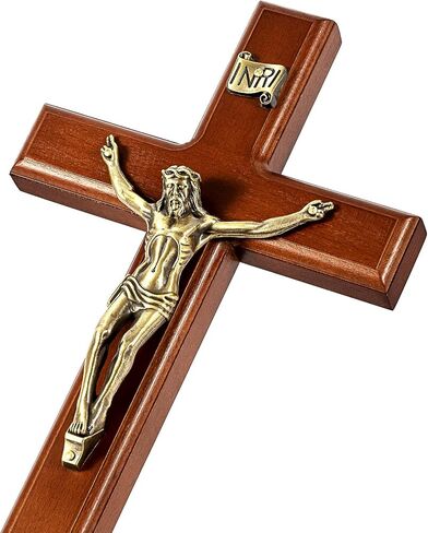 SISSIDA Crucifix Wall Cross, 12 Inch Catholic Crucifix for Wall Decor, Handmade Wooden Cross for Wall with Jesus Christ and INRI - Dark Brown & Antique Brass in Saudi Arabia