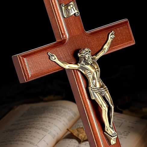 SISSIDA Crucifix Wall Cross, 12 Inch Catholic Crucifix for Wall Decor, Handmade Wooden Cross for Wall with Jesus Christ and INRI - Dark Brown & Antique Brass in Saudi Arabia