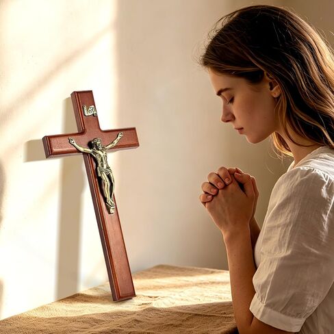 SISSIDA Crucifix Wall Cross, 12 Inch Catholic Crucifix for Wall Decor, Handmade Wooden Cross for Wall with Jesus Christ and INRI - Dark Brown & Antique Brass in Saudi Arabia