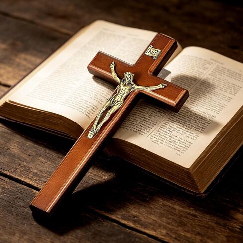 SISSIDA Crucifix Wall Cross, 12 Inch Catholic Crucifix for Wall Decor, Handmade Wooden Cross for Wall with Jesus Christ and INRI - Dark Brown & Antique Brass in Saudi Arabia