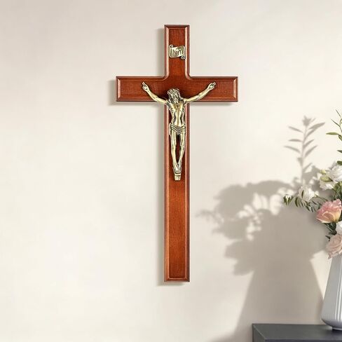 SISSIDA Crucifix Wall Cross, 12 Inch Catholic Crucifix for Wall Decor, Handmade Wooden Cross for Wall with Jesus Christ and INRI - Dark Brown & Antique Brass in Saudi Arabia