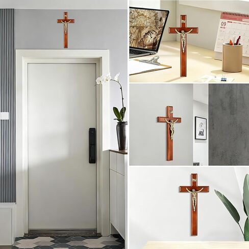 SISSIDA Crucifix Wall Cross, 12 Inch Catholic Crucifix for Wall Decor, Handmade Wooden Cross for Wall with Jesus Christ and INRI - Dark Brown & Antique Brass in Saudi Arabia