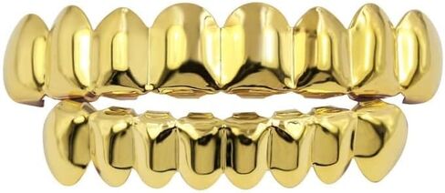 18K Gold Plated Gold Finish 8 Top Teeth 6 Bottom Tooth Hip Hop Teeth Grillz + 2 Molding Bars for Men and Women in Saudi Arabia