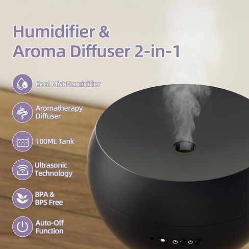 Essential Oil Diffuser,Cool Mist Humidifier with 2 Modes, Auto-Off Function | Small Ultrasonic Aromatherapy Diffuser, Fragrance Aroma Diffuser for Bedroom, Home Essentials, Scent Diffuser 100ml, Black in Saudi Arabia