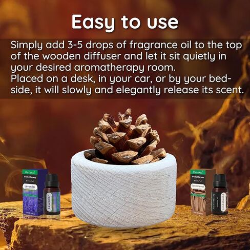 Wooden Essential Oil Diffuser - Small Cylinder Passive Diffuser, Beech Wood Aromatherapy Diffuser with Pine Cone & 20ml Essential Oils Great for Decorating at Desk, Office or Car in Saudi Arabia