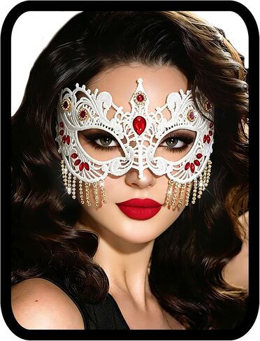 Ursumy White Masquerade Mask for Women Lace Party Mask Tassels Eye Mask for Crystal Costume in Kuwait
