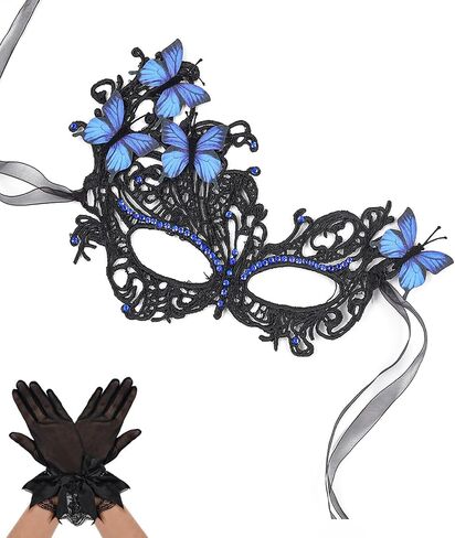SAFERIN Halloween Lace Masquerade Mask & Gloves Set for Women Venetian Butterfly Eyemask with Rhinestones in Kuwait