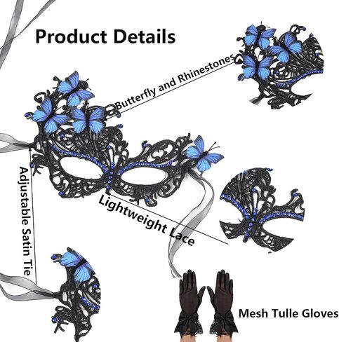SAFERIN Halloween Lace Masquerade Mask & Gloves Set for Women Venetian Butterfly Eyemask with Rhinestones in Kuwait