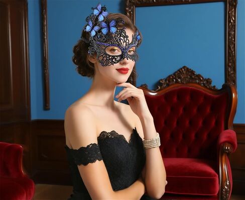 SAFERIN Halloween Lace Masquerade Mask & Gloves Set for Women Venetian Butterfly Eyemask with Rhinestones in Kuwait