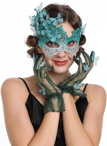 SAFERIN Halloween Lace Masquerade Mask & Gloves Set for Women Venetian Butterfly Eyemask with Rhinestones in Saudi Arabia