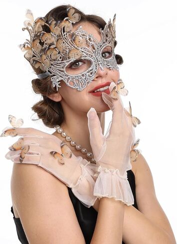 SAFERIN Halloween Lace Masquerade Mask & Gloves Set for Women Venetian Butterfly Eyemask with Rhinestones in Kuwait
