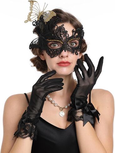 SAFERIN Halloween Lace Masquerade Mask & Gloves Set for Women Venetian Butterfly Eyemask with Rhinestones in Kuwait