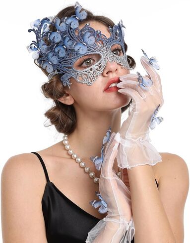 SAFERIN Halloween Lace Masquerade Mask & Gloves Set for Women Venetian Butterfly Eyemask with Rhinestones in Kuwait