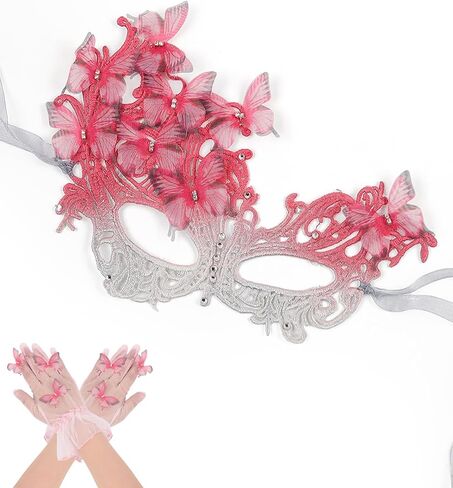SAFERIN Halloween Lace Masquerade Mask & Gloves Set for Women Venetian Butterfly Eyemask with Rhinestones in Kuwait