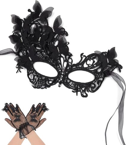 SAFERIN Halloween Lace Masquerade Mask & Gloves Set for Women Venetian Butterfly Eyemask with Rhinestones in Kuwait