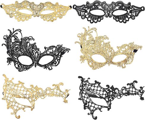 6Pcs Masquerade Mask for Women, Black and Gold Masquerade Mask, Adjustable Knitted Half Maskes for Masquerades Party, Fancy Dress Ball, Carnival Events in Kuwait