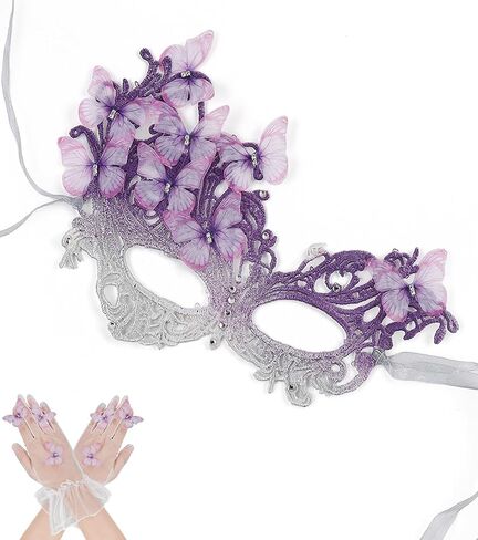 SAFERIN Halloween Lace Masquerade Mask & Gloves Set for Women Venetian Butterfly Eyemask with Rhinestones in Kuwait