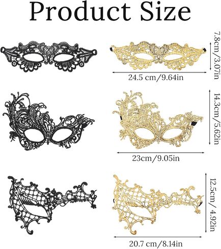 6Pcs Masquerade Mask for Women, Black and Gold Masquerade Mask, Adjustable Knitted Half Maskes for Masquerades Party, Fancy Dress Ball, Carnival Events in Kuwait