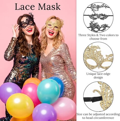 6Pcs Masquerade Mask for Women, Black and Gold Masquerade Mask, Adjustable Knitted Half Maskes for Masquerades Party, Fancy Dress Ball, Carnival Events in Kuwait