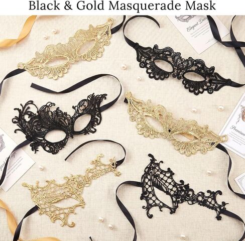6Pcs Masquerade Mask for Women, Black and Gold Masquerade Mask, Adjustable Knitted Half Maskes for Masquerades Party, Fancy Dress Ball, Carnival Events in Kuwait