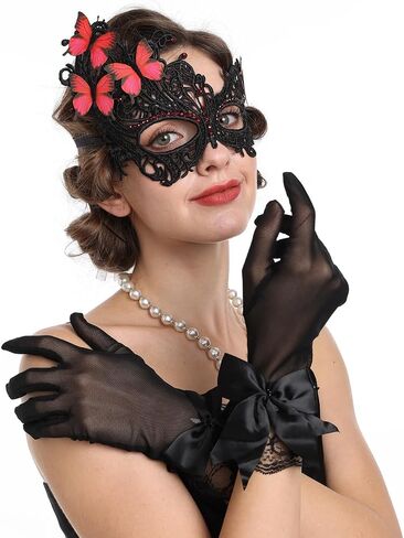 SAFERIN Halloween Lace Masquerade Mask & Gloves Set for Women Venetian Butterfly Eyemask with Rhinestones in Kuwait