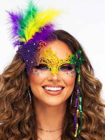 Woeoe Mardi Gras Mask Carnival Feather Masquerade Mask Venetian Costume Accessories for Women in Kuwait