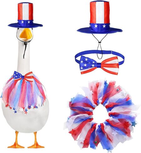 3 Pcs Patriotic Porch Goose Outfits – 4th of July Style Goose Costume Including Bow Tie and Hat, Cement Goose Clothes for Garden Decoration Party Patio Yard (Fits 23"/17" Plastic Goose) in Kuwait