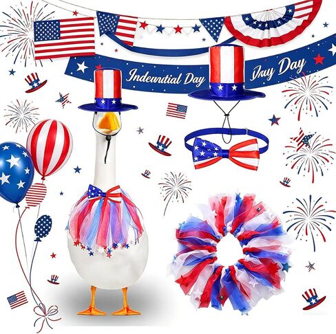 3 Pcs Patriotic Porch Goose Outfits – 4th of July Style Goose Costume Including Bow Tie and Hat, Cement Goose Clothes for Garden Decoration Party Patio Yard (Fits 23"/17" Plastic Goose) in Kuwait