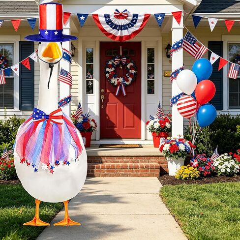 3 Pcs Patriotic Porch Goose Outfits – 4th of July Style Goose Costume Including Bow Tie and Hat, Cement Goose Clothes for Garden Decoration Party Patio Yard (Fits 23"/17" Plastic Goose) in Kuwait