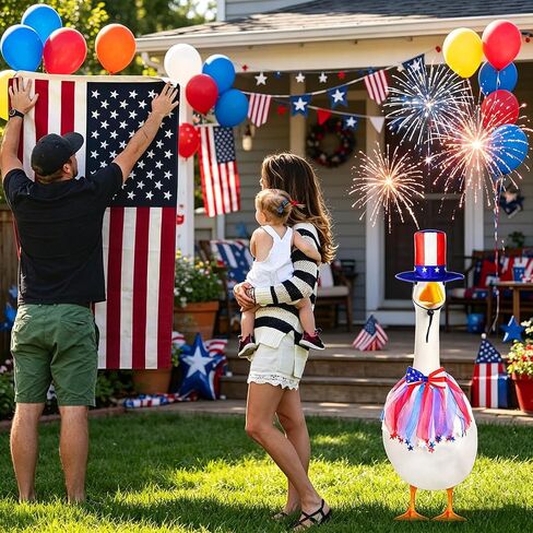 3 Pcs Patriotic Porch Goose Outfits – 4th of July Style Goose Costume Including Bow Tie and Hat, Cement Goose Clothes for Garden Decoration Party Patio Yard (Fits 23"/17" Plastic Goose) in Kuwait