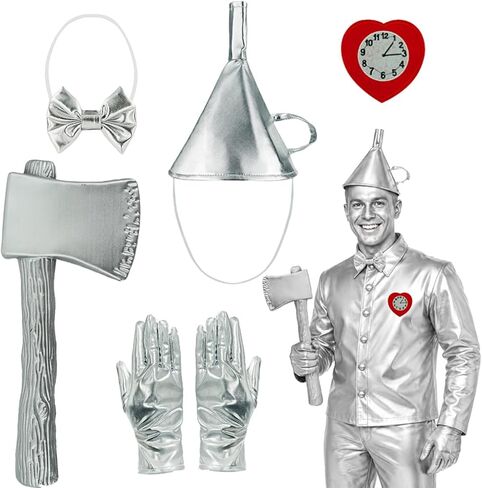Tin Costume Accessories Set for Man Funnel Hat Fake Axe Heart Clock Pin Gloves Bow Tie Kit Halloween Cosplay in Saudi Arabia