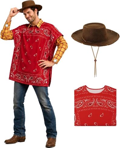PAINEOMN Woody Costume Accessory Men Western Sheriff Cowboy Hat Red Printed Robe Halloween Cosplay Cloak for Adult in Saudi Arabia