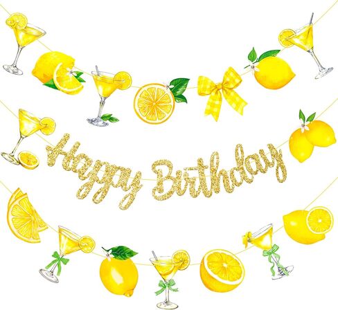 Lemon Martini Happy Birthday Banner Lemonade Birthday Party Decorations 3Pcs Gold Glitter Lemon Cocktail Bow Banners Lemonade Themed Party Supplies for Summer Circus Bachelorette Decor in Saudi Arabia