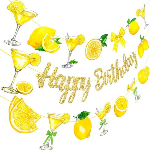 Lemon Martini Happy Birthday Banner Lemonade Birthday Party Decorations 3Pcs Gold Glitter Lemon Cocktail Bow Banners Lemonade Themed Party Supplies for Summer Circus Bachelorette Decor in Saudi Arabia