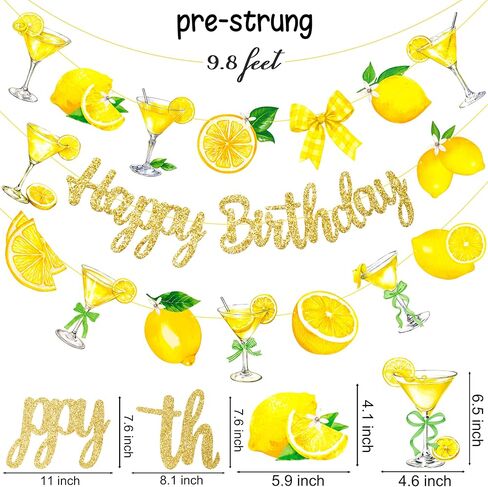 Lemon Martini Happy Birthday Banner Lemonade Birthday Party Decorations 3Pcs Gold Glitter Lemon Cocktail Bow Banners Lemonade Themed Party Supplies for Summer Circus Bachelorette Decor in Saudi Arabia