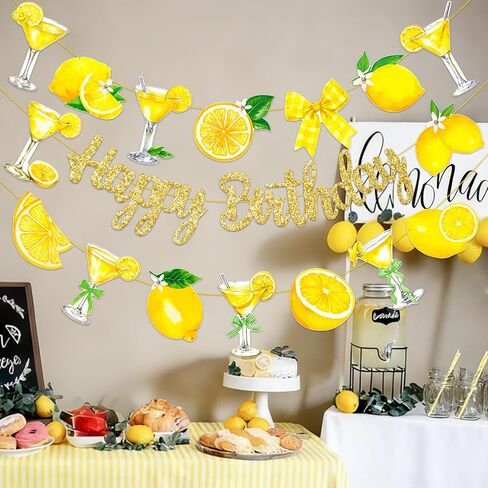 Lemon Martini Happy Birthday Banner Lemonade Birthday Party Decorations 3Pcs Gold Glitter Lemon Cocktail Bow Banners Lemonade Themed Party Supplies for Summer Circus Bachelorette Decor in Saudi Arabia