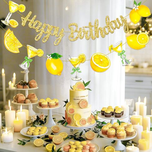 Lemon Martini Happy Birthday Banner Lemonade Birthday Party Decorations 3Pcs Gold Glitter Lemon Cocktail Bow Banners Lemonade Themed Party Supplies for Summer Circus Bachelorette Decor in Saudi Arabia