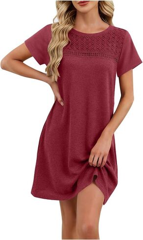 Dresses for Women Summer Lace Short Sleeve Mini Dress for Vacation Casual Lightweight Solid Color Flowy Beach Dress in Saudi Arabia