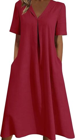 Dress for Women with Pockets Summer V Neck Short Sleeve Midi Dress Lightweight Casual Solid Flowy Beach Dresses in Saudi Arabia
