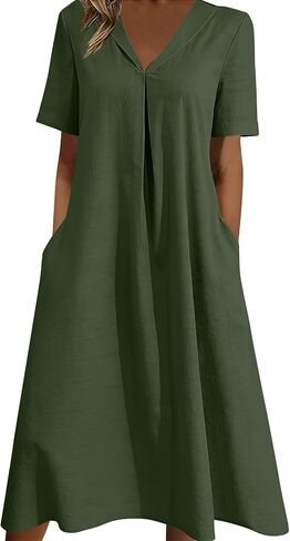 Dress for Women with Pockets Summer V Neck Short Sleeve Midi Dress Lightweight Casual Solid Flowy Beach Dresses in Saudi Arabia
