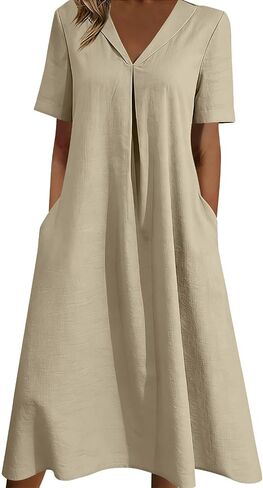 Dress for Women with Pockets Summer V Neck Short Sleeve Midi Dress Lightweight Casual Solid Flowy Beach Dresses in Saudi Arabia