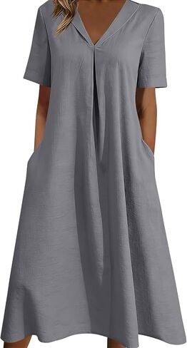 Dress for Women with Pockets Summer V Neck Short Sleeve Midi Dress Lightweight Casual Solid Flowy Beach Dresses in Saudi Arabia