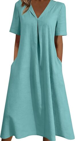Dress for Women with Pockets Summer V Neck Short Sleeve Midi Dress Lightweight Casual Solid Flowy Beach Dresses in Saudi Arabia